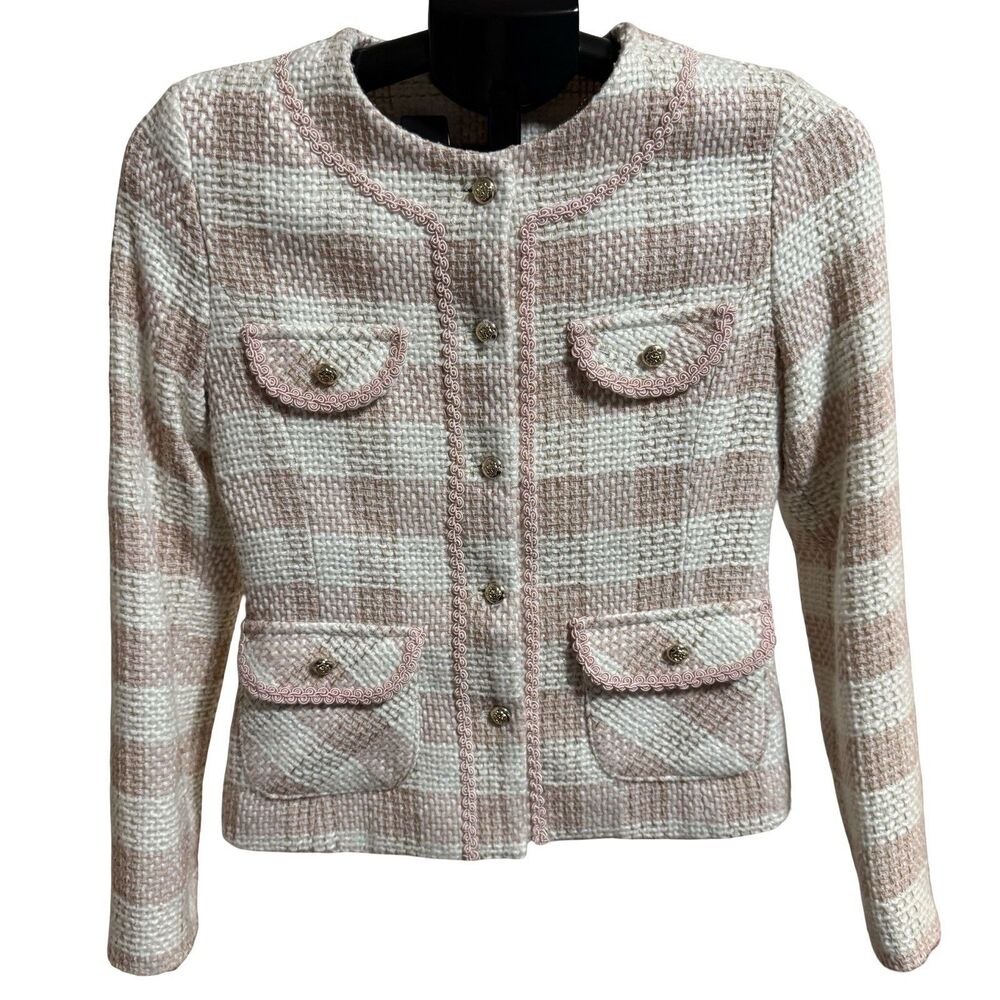 Design Tweed Jacket Pink And White, Size‎ M Work Bold Heavy Business Winter Fall